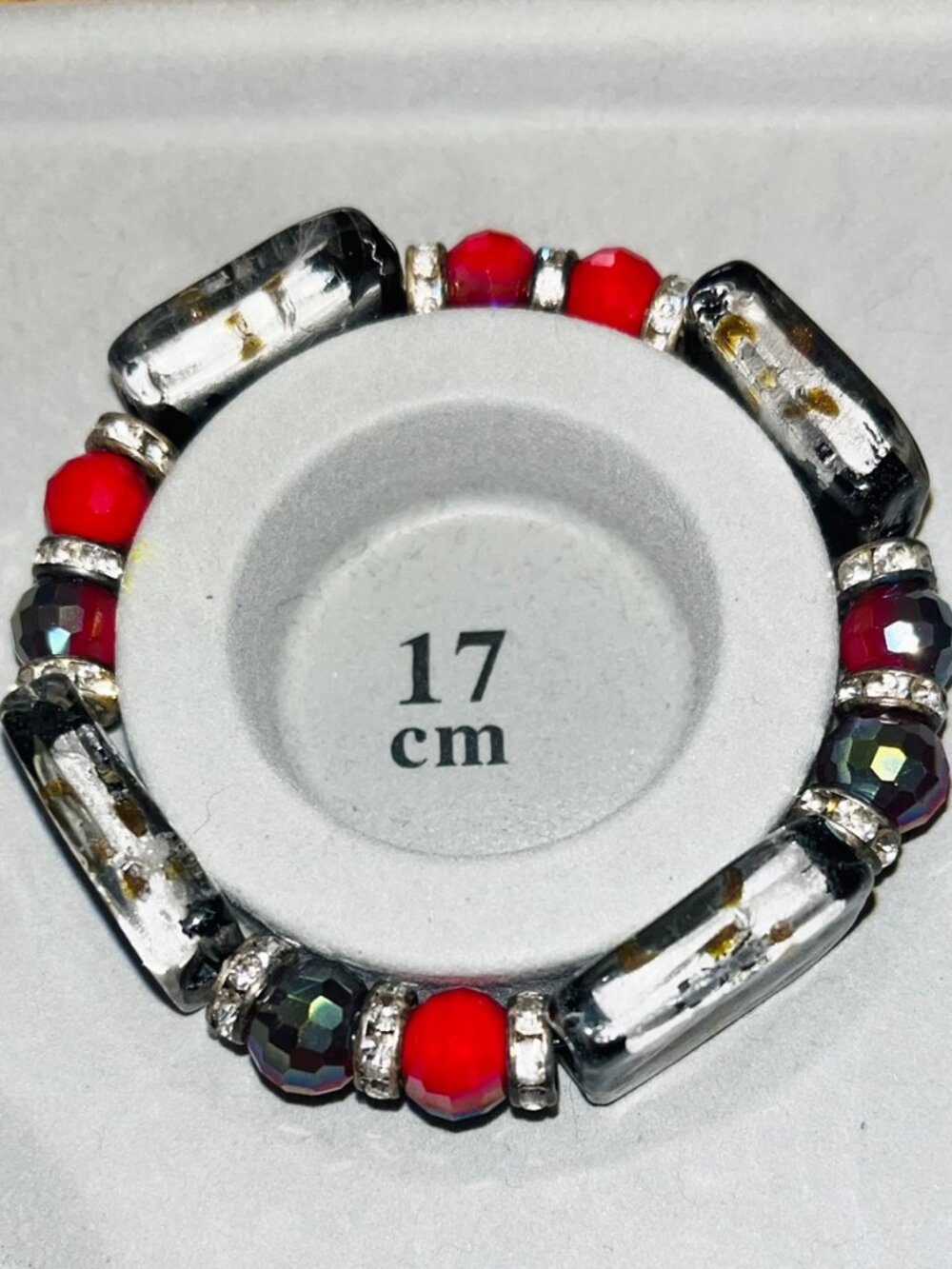 Red Black Silver & Gold Art Glass Bead Stretch Bracelet – Statement Jewelry